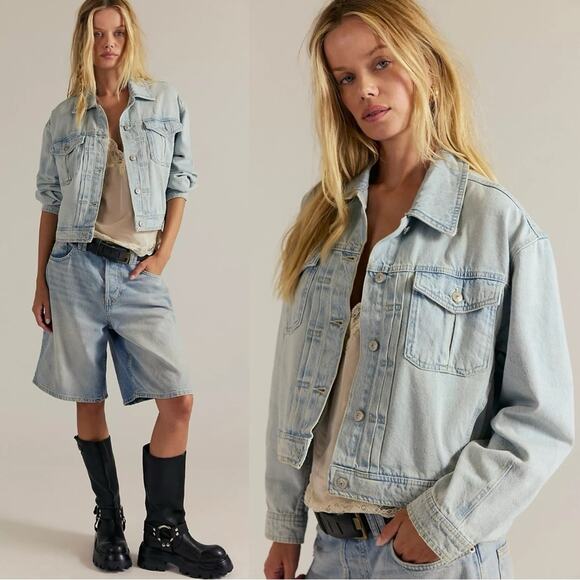 Free People Sidney Denim Jean Jacket in Sunkissed Light Blue Size XL NWT 70s - Picture 1 of 11